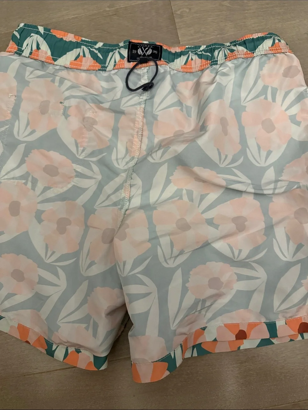 Men's Teal Floral Swim Trunks with Coral Print